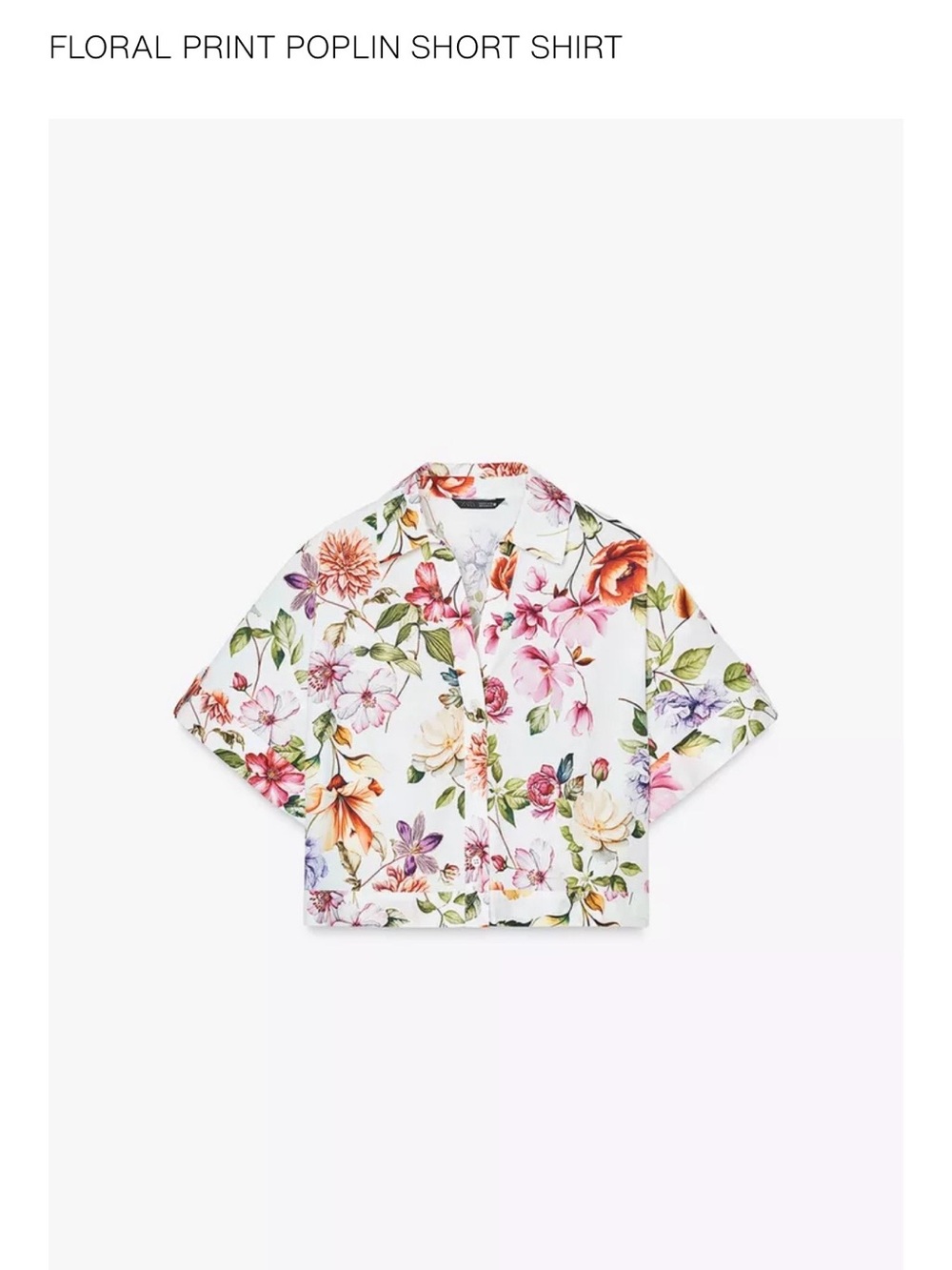Zara 100% cotton  poplin Cropped Button Shirt with Multicolor Floral Print NWOT